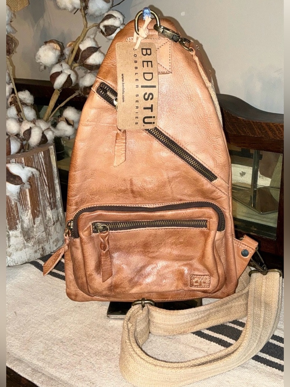 NWT Bed Stu Leather Andie Sling Backpack Tan Rustic Retail $240